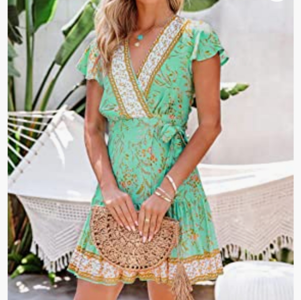 Summer Wrap V Neck Bohemian Floral Print Ruffle Dress